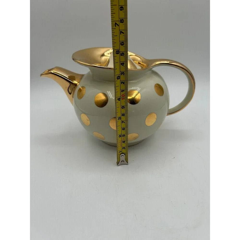 Hall Teapot 6 Cup Cream Ivory Gold Dot Vintage Mid Century Modern Ceramic